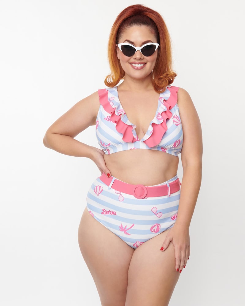 Front of a model wearing a size 2X Barbie x Unique Vintage Malibu Beach Print Swim Bottoms in White, Blue, Pink, Striped by Unique Vintage. | dia_product_style_image_id:287882